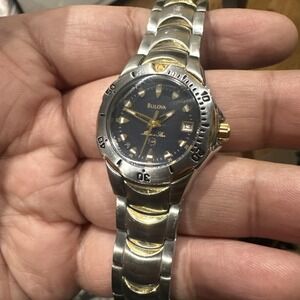 Working Bulova Marine Star Womens Watch Two Tone WR 100M Date Steel 27mm Fit 6in
